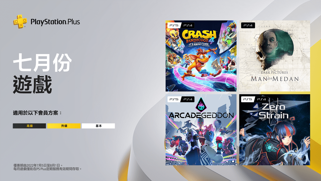 七月份PlayStation Plus遊戲：《Crash Bandicoot 4: It’s About Time》、《棉蘭號》、《Arcadegeddon》、《Zero Strain》